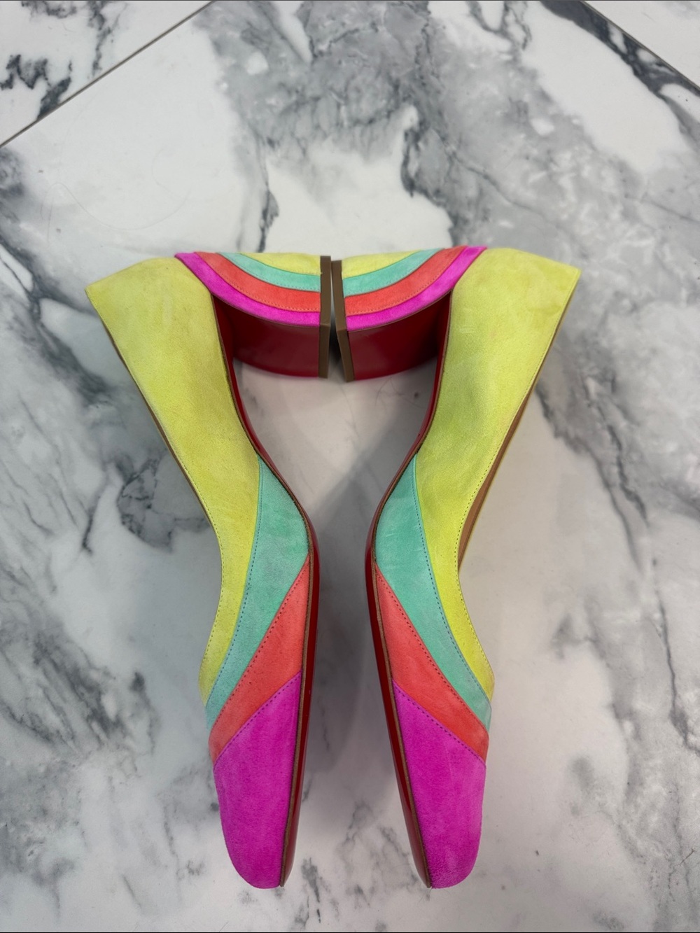 NEVER WORN Christian Louboutin Multicolor Suede Block Heel Pumps - Picture 3 of 5